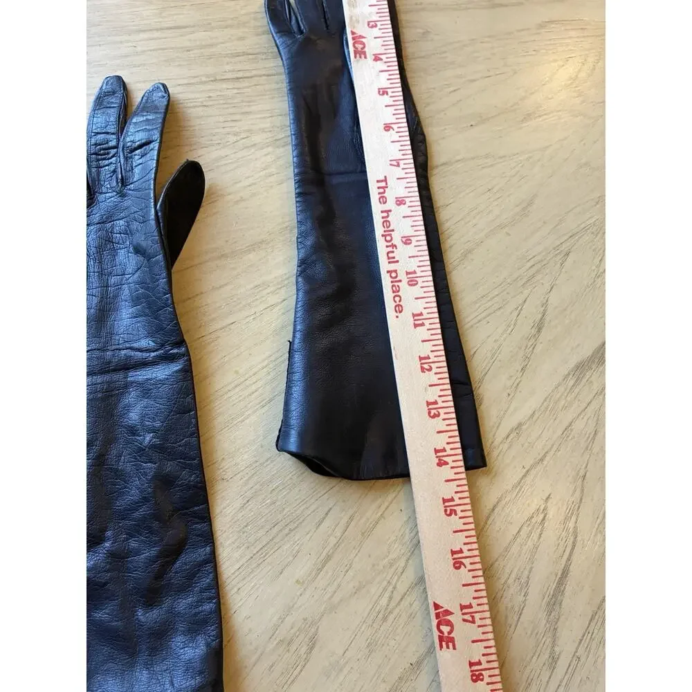 Vtg 50s Black REAL KIDSKIN Leather Gloves Sz 7 Belgium Opera Silk Lined Long 14”